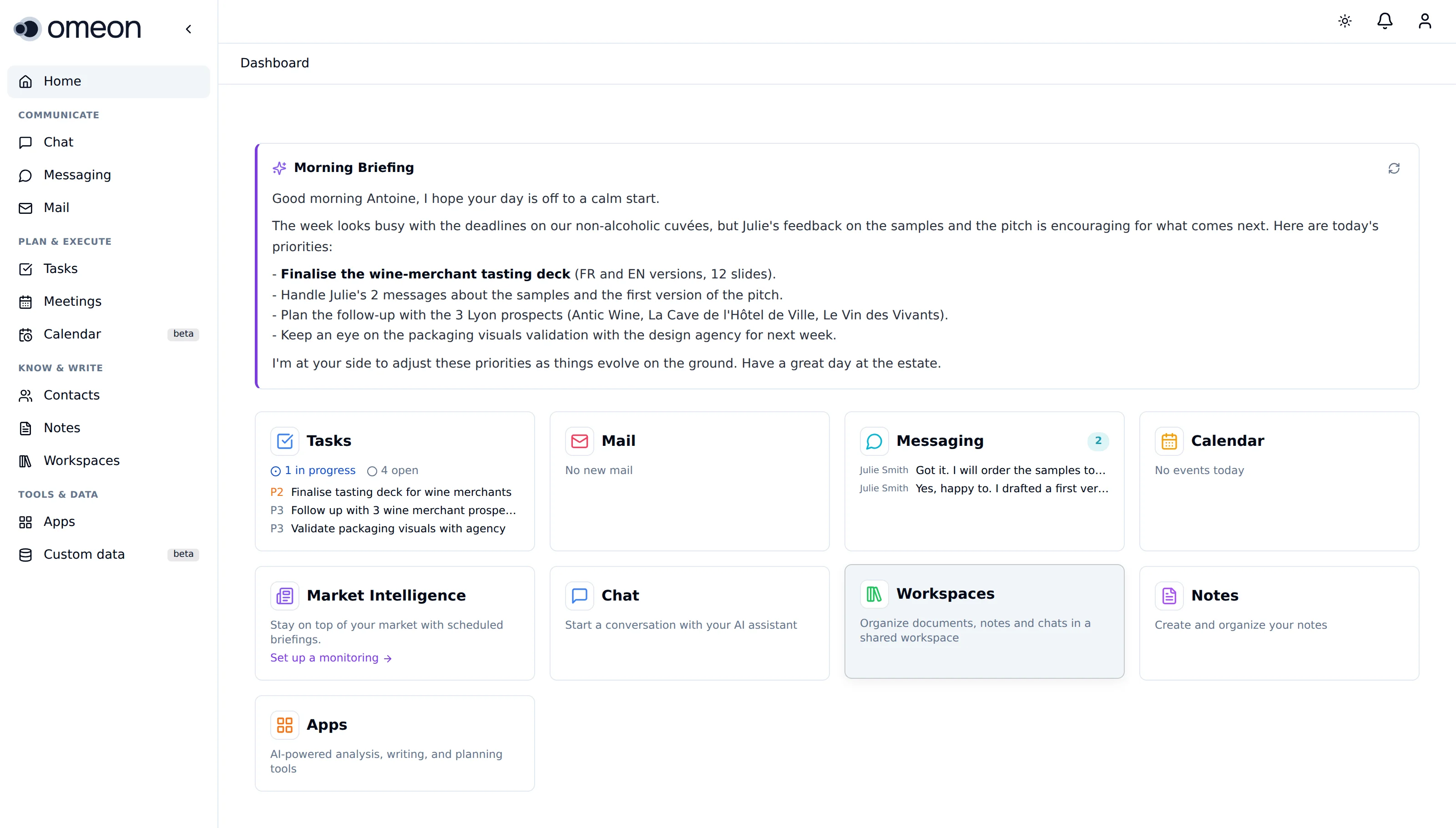 Omeon.ai dashboard - unified workspace overview