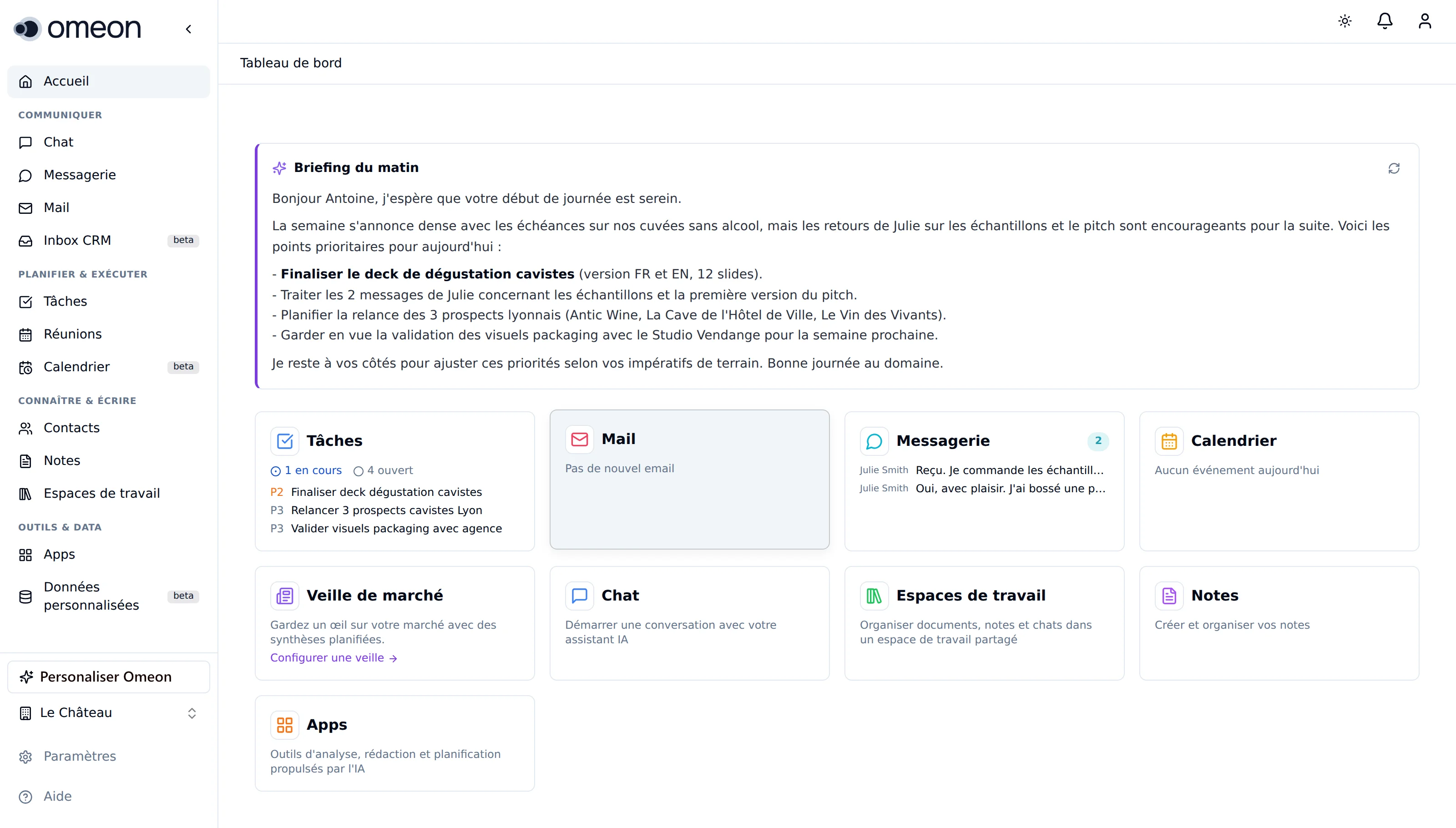 Tableau de bord Omeon.ai - vue d'ensemble de l'espace de travail